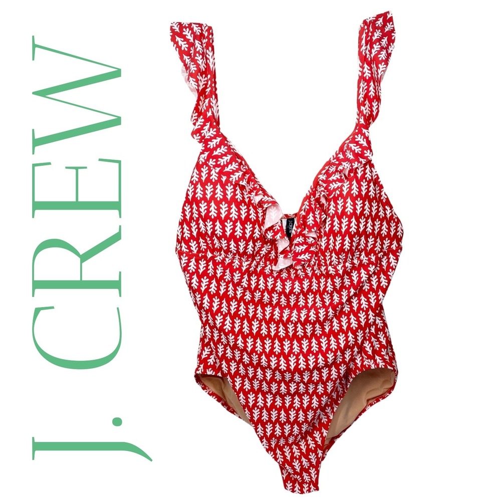 J.Crew NWT Womens Red White Botanical Ruffle V-Neck One-Piece Swimsuit, Size 2X